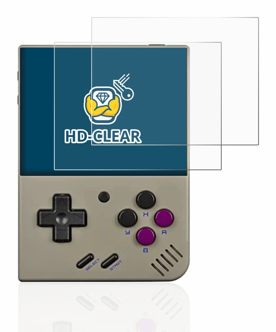 Abbildung des Geräts Miyoo Mini Plus mit einer Vielzahl des Displayschutzes.