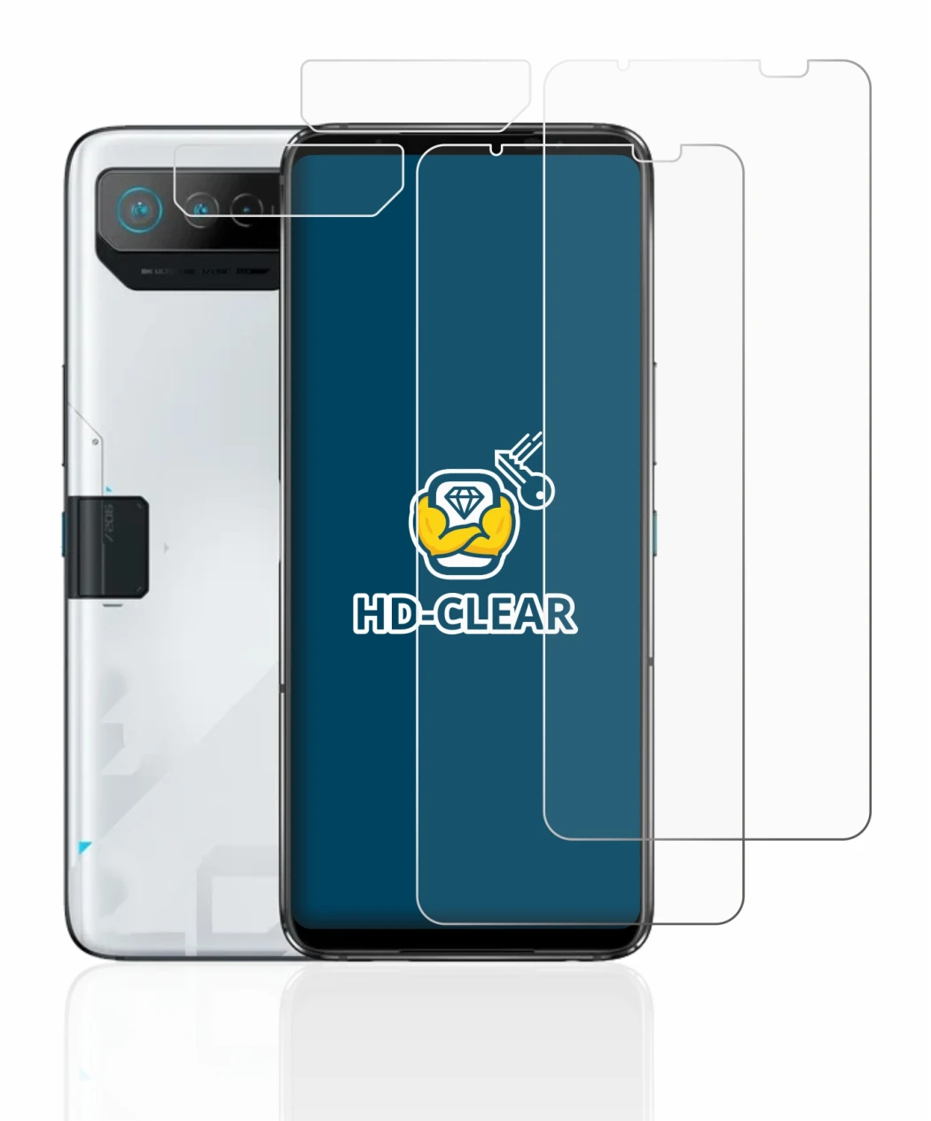 Abbildung des Geräts ASUS ROG Phone 7 (Display+Kamera) mit einer Vielzahl des Displayschutzes.