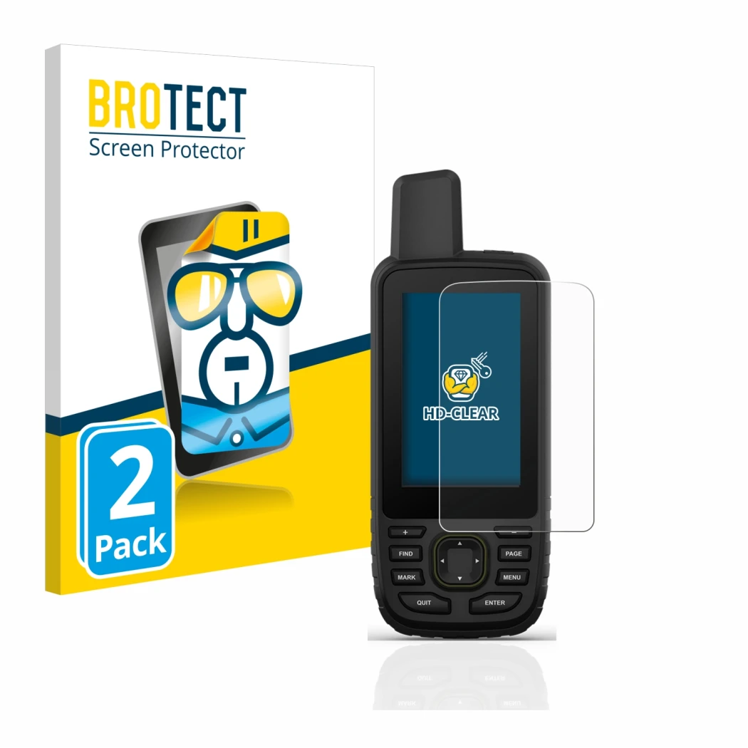 Vorderseite einer Produktverpackung mit dem Markenlogo BROTECT. Daneben ist das Gerät Garmin GPSMAP 67 mit dem zugehörigen Dis