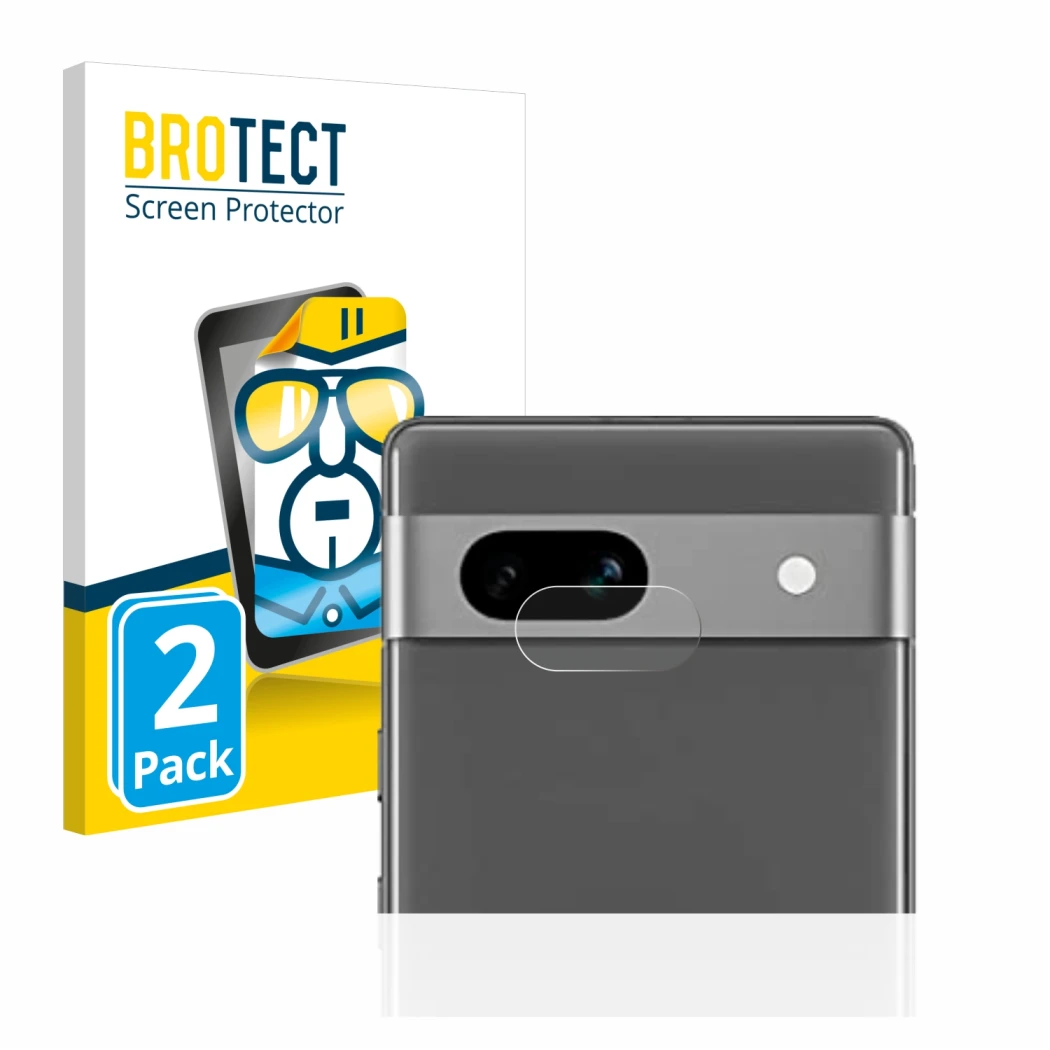 Vorderseite einer Produktverpackung mit dem Markenlogo BROTECT. Daneben ist das Gerät Google Pixel 7a (NUR Kameraschutz) mit d
