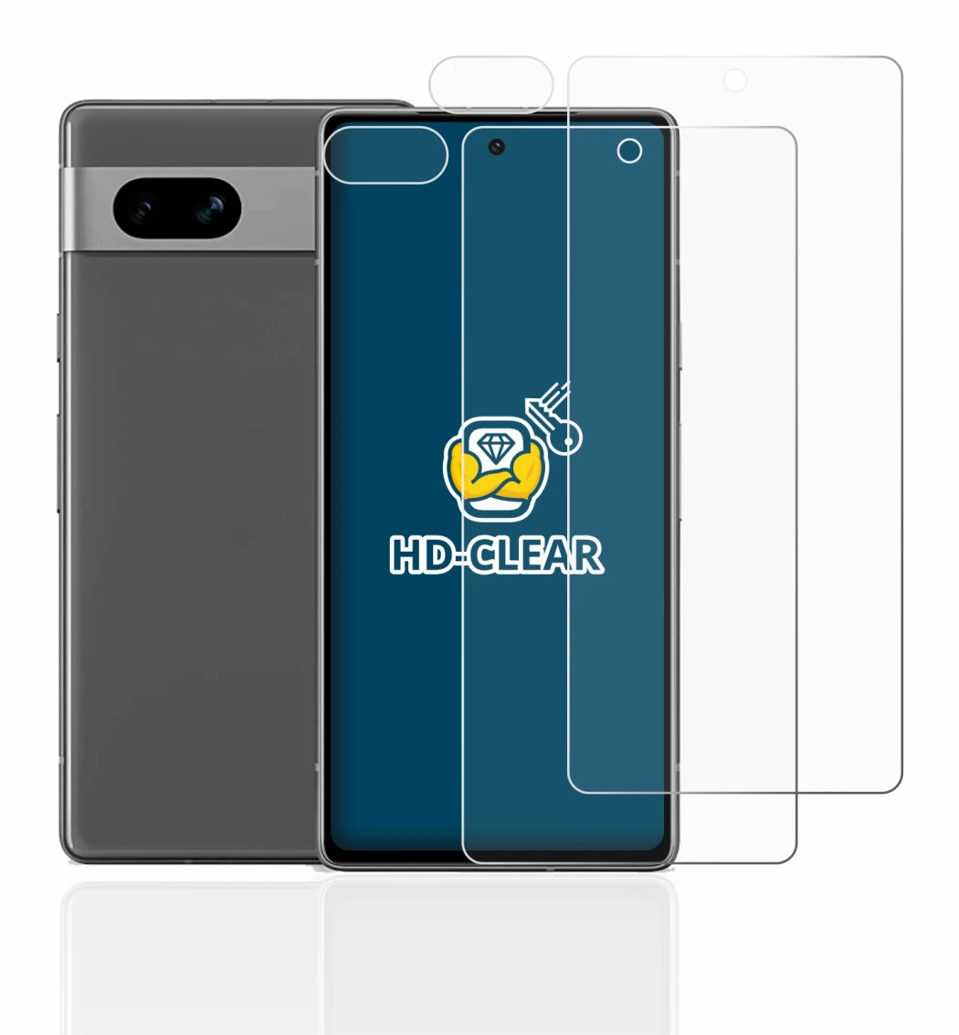 Abbildung des Geräts Google Pixel 7a (Display+Kamera) mit einer Vielzahl des Displayschutzes.