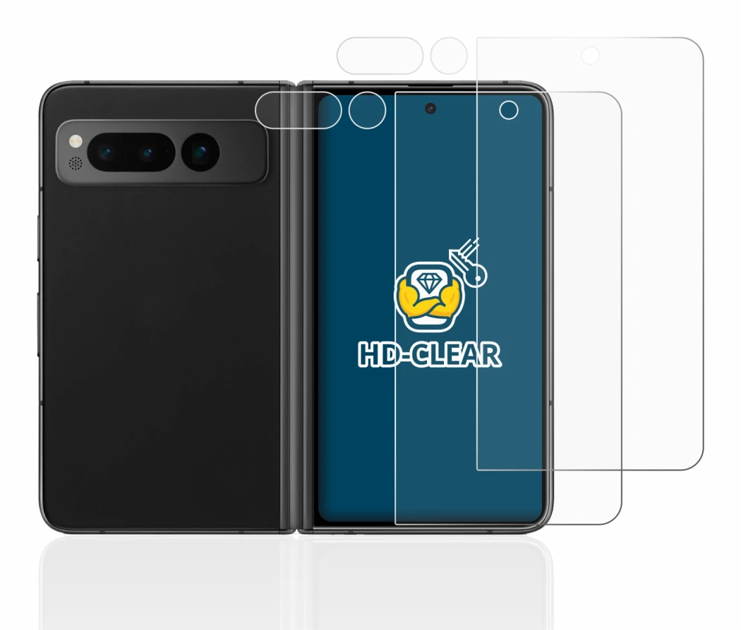 Abbildung des Geräts Google Pixel Fold (Display+Kamera) mit einer Vielzahl des Displayschutzes.
