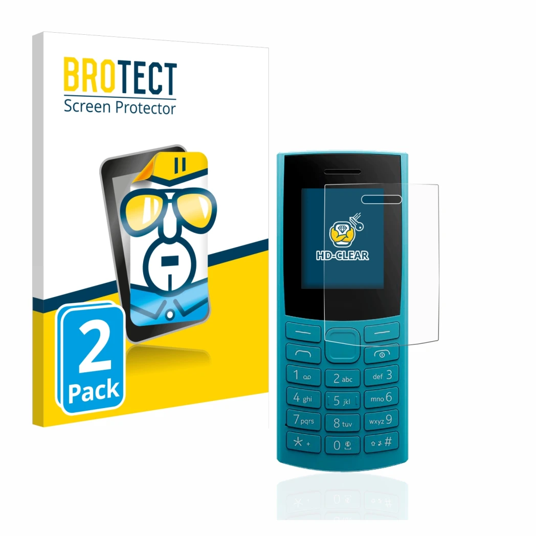Vorderseite einer Produktverpackung mit dem Markenlogo BROTECT. Daneben ist das Gerät Nokia 105 4G (2023) mit dem zugehörigen 