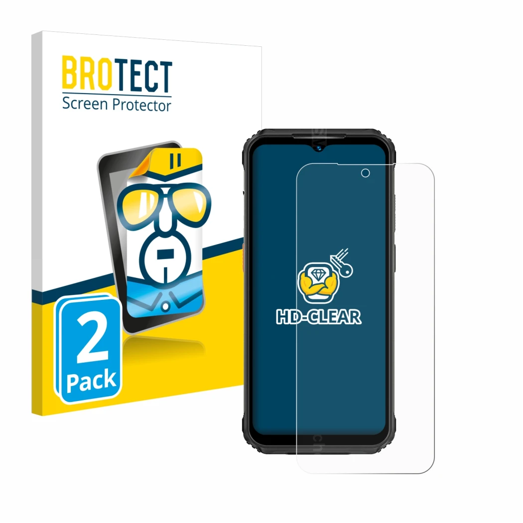 Vorderseite einer Produktverpackung mit dem Markenlogo BROTECT. Daneben ist das Gerät Ulefone Armor 21 mit dem zugehörigen Dis