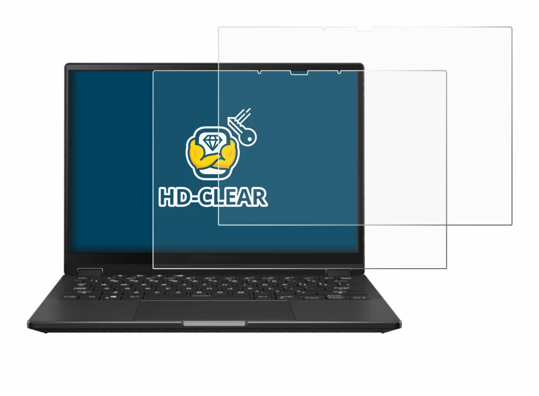 Abbildung des Geräts ASUS ROG Flow X13 2023 mit einer Vielzahl des Displayschutzes.