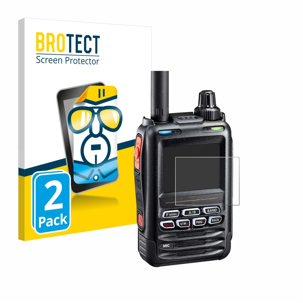 Vorderseite einer Produktverpackung mit dem Markenlogo BROTECT. Daneben ist das Gerät Yaesu FT-5DE/DR mit dem zugehörigen Disp