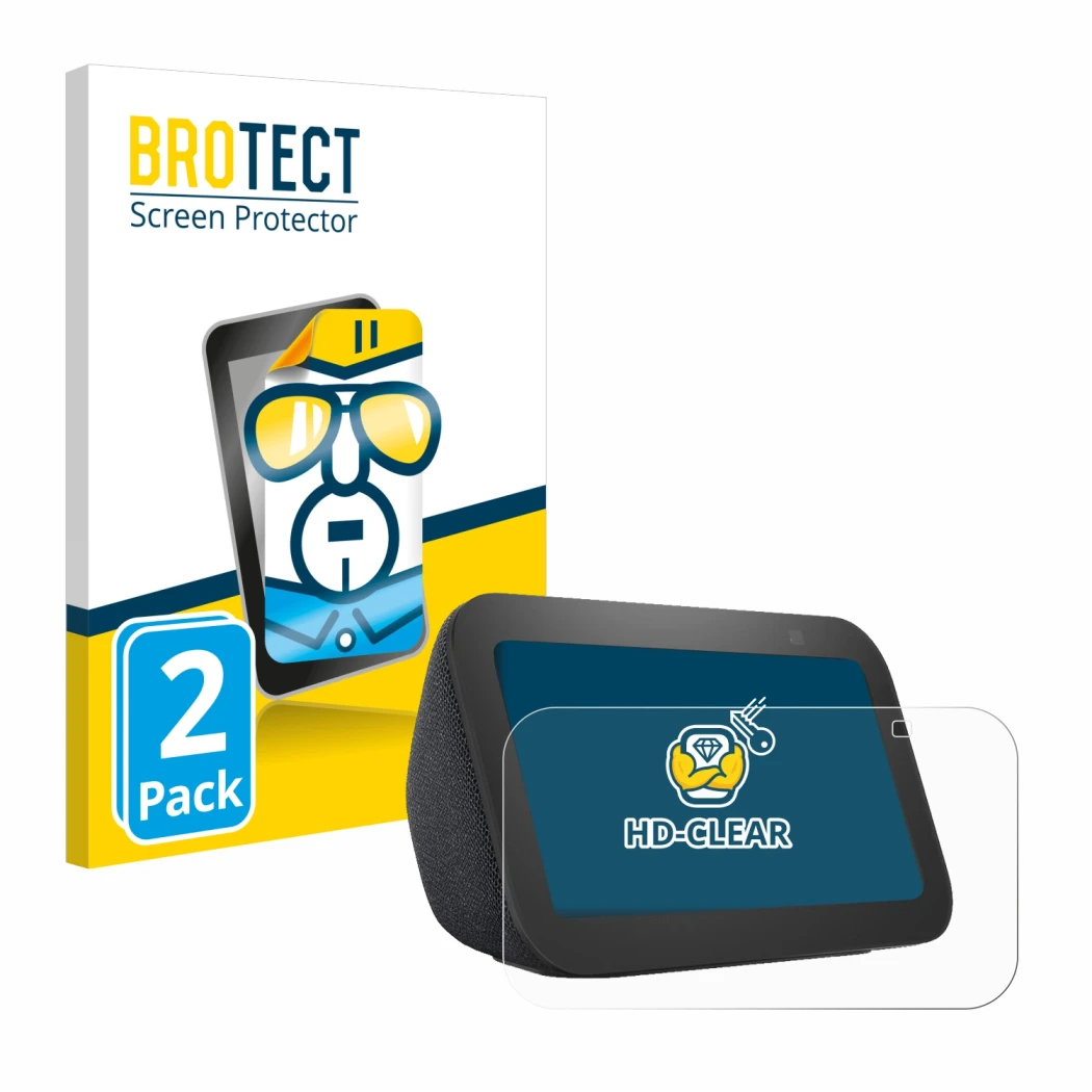 Vorderseite einer Produktverpackung mit dem Markenlogo BROTECT. Daneben ist das Gerät Amazon Echo Show 5 (3. Gen.) mit dem zug
