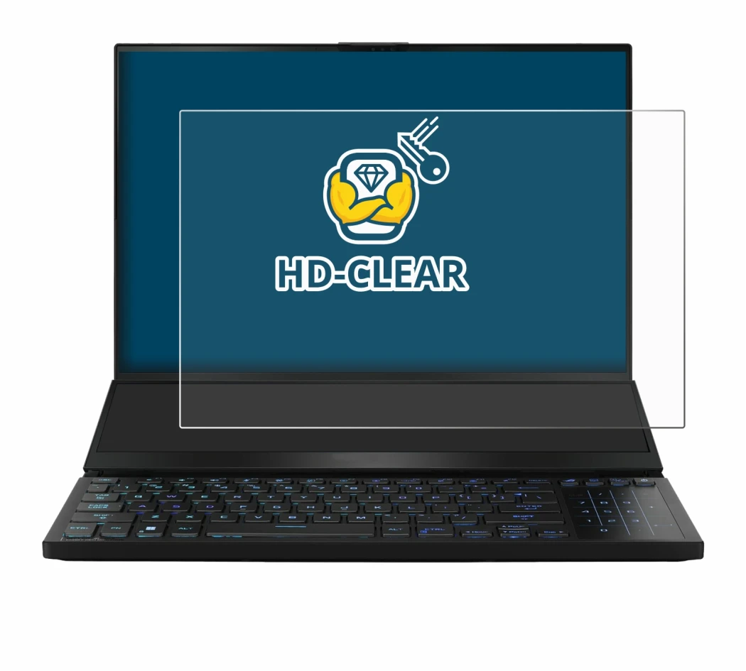 Abbildung des Geräts ASUS ROG Zephyrus Duo 16 2023 mit einer Vielzahl des Displayschutzes.