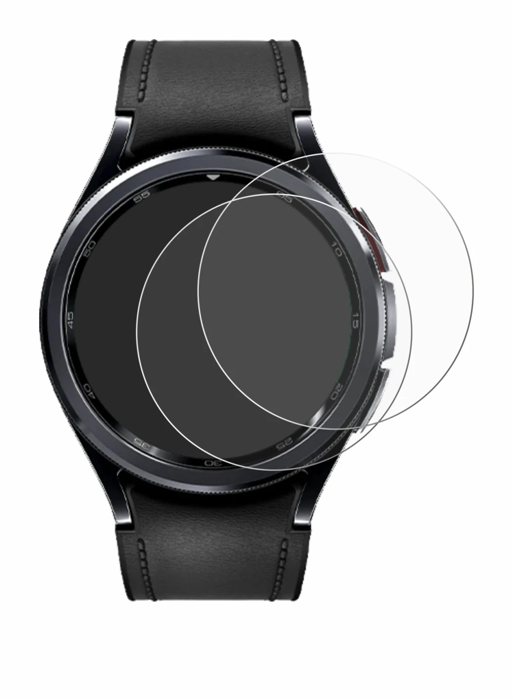 Abbildung des Geräts Samsung Galaxy Watch 6 Classic (43 mm) mit einer Vielzahl des Displayschutzes.