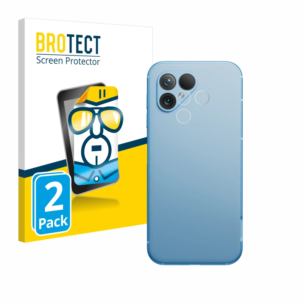 Vorderseite einer Produktverpackung mit dem Markenlogo BROTECT. Daneben ist das Gerät Fairphone 5 (NUR Kameraschutz) mit dem z