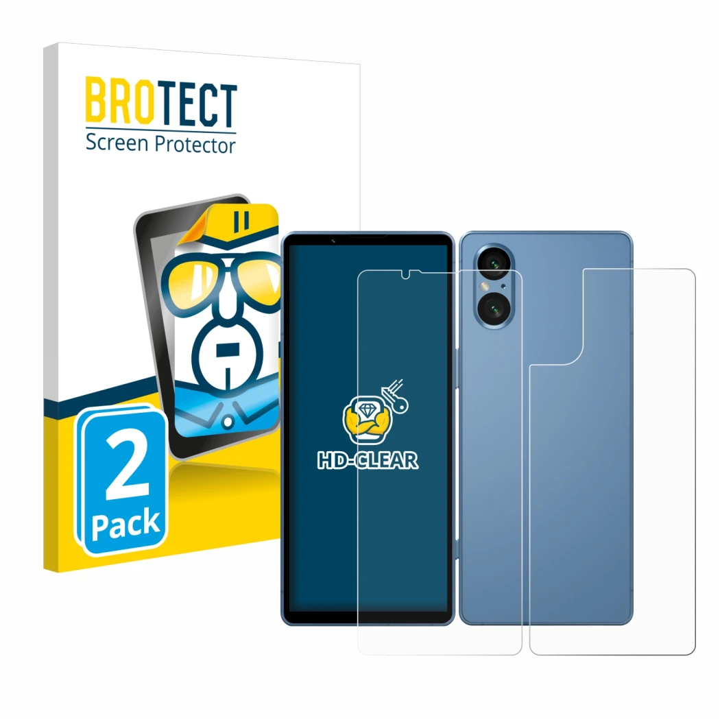 Vorderseite einer Produktverpackung mit dem Markenlogo BROTECT. Daneben ist das Gerät Sony Xperia 5 V (Display+Rückseite) mit 