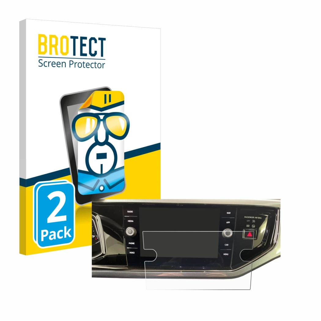 Vorderseite einer Produktverpackung mit dem Markenlogo BROTECT. Daneben ist das Gerät Volkswagen Polo VI Ready 2 Discover 8