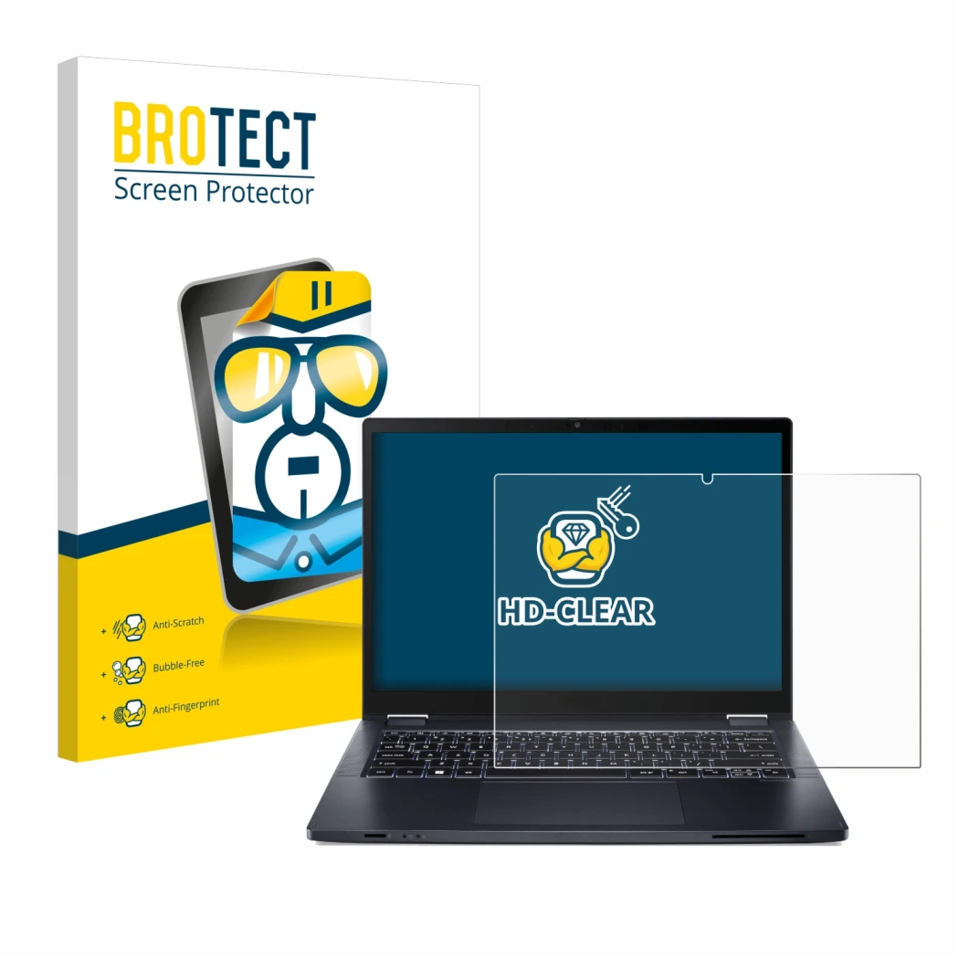 Vorderseite einer Produktverpackung mit dem Markenlogo BROTECT. Daneben ist das Gerät Acer TravelMate Spin P4 14