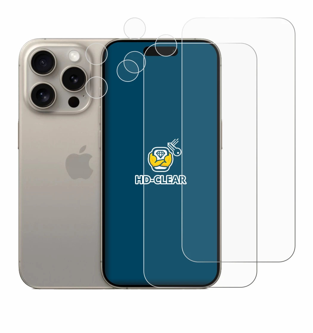 Abbildung des Geräts Apple iPhone 15 Pro (Display+Kamera) mit einer Vielzahl des Displayschutzes.