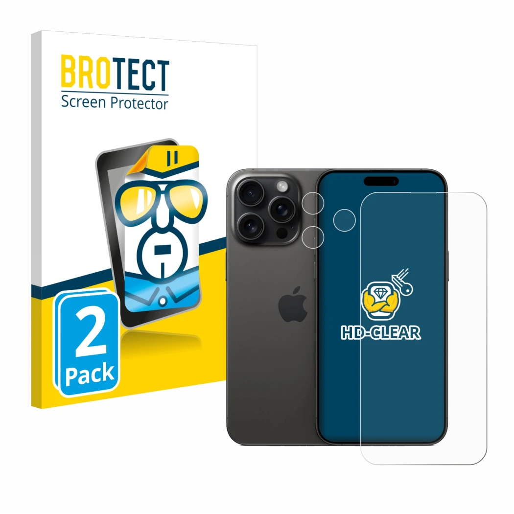 Vorderseite einer Produktverpackung mit dem Markenlogo BROTECT. Daneben ist das Gerät Apple iPhone 15 Pro Max (Display+Kamera)