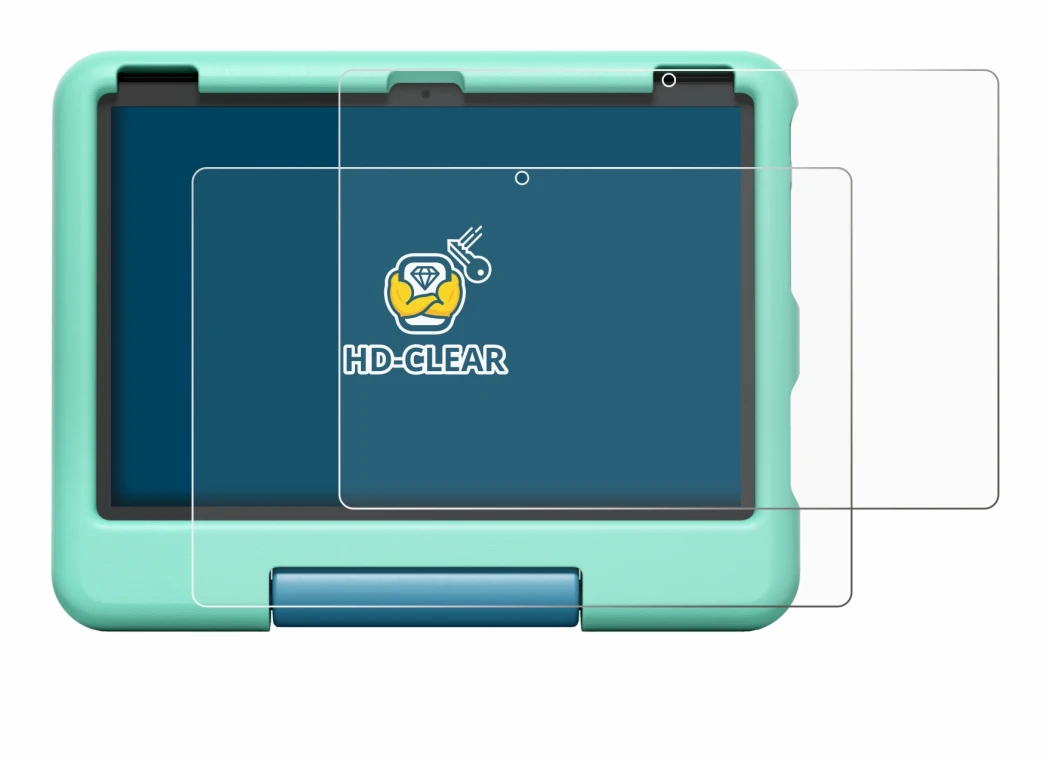 Abbildung des Geräts Amazon Fire HD 10 Kids 2023 mit einer Vielzahl des Displayschutzes.