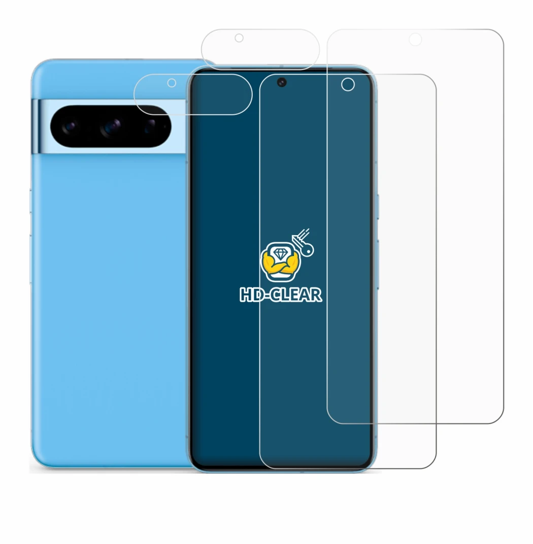 Abbildung des Geräts Google Pixel 8 Pro (Display+Kamera) mit einer Vielzahl des Displayschutzes.