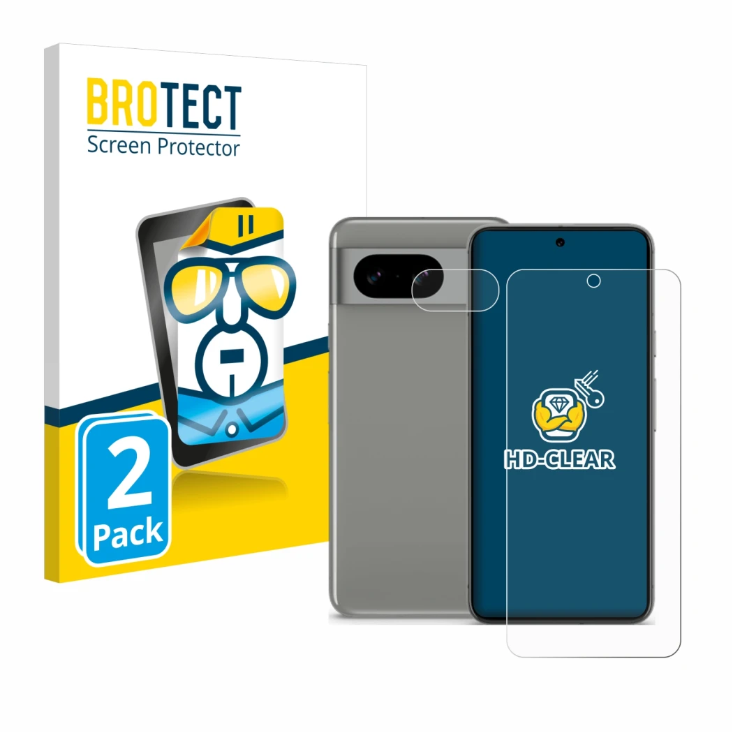 Vorderseite einer Produktverpackung mit dem Markenlogo BROTECT. Daneben ist das Gerät Google Pixel 8 (Display+Kamera) mit dem