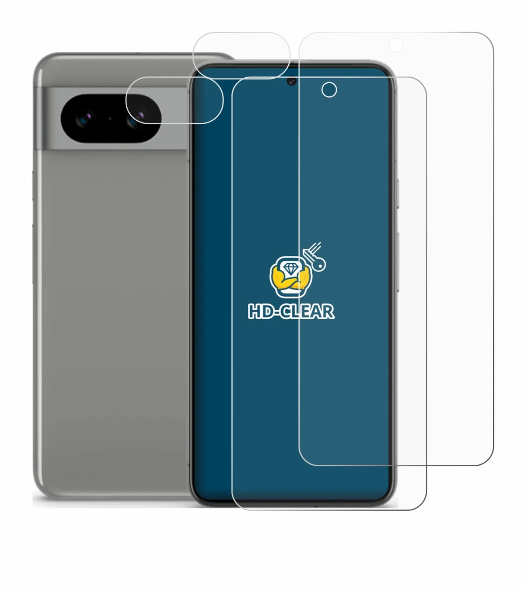 Abbildung des Geräts Google Pixel 8 (Display+Kamera) mit einer Vielzahl des Displayschutzes.