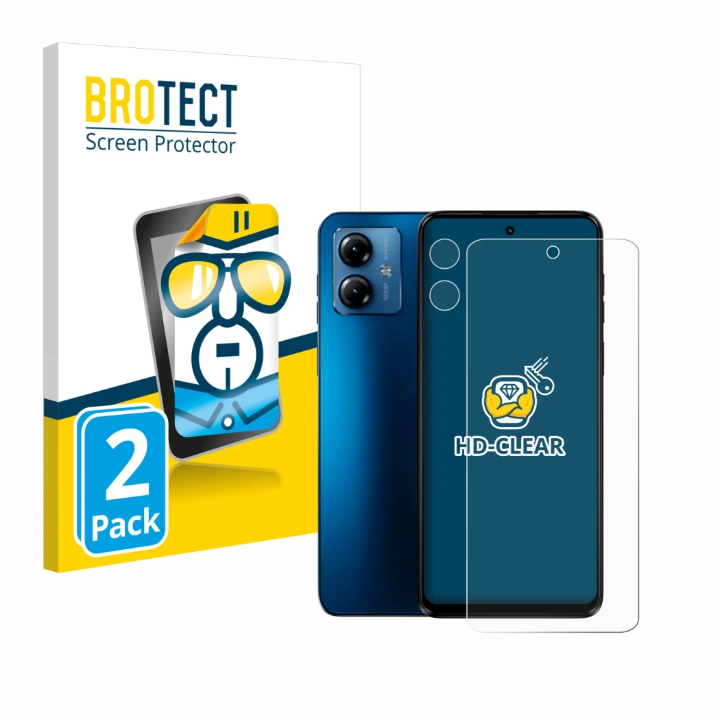 Vorderseite einer Produktverpackung mit dem Markenlogo BROTECT. Daneben ist das Gerät Motorola Moto G14 (Display+Kamera) mit d