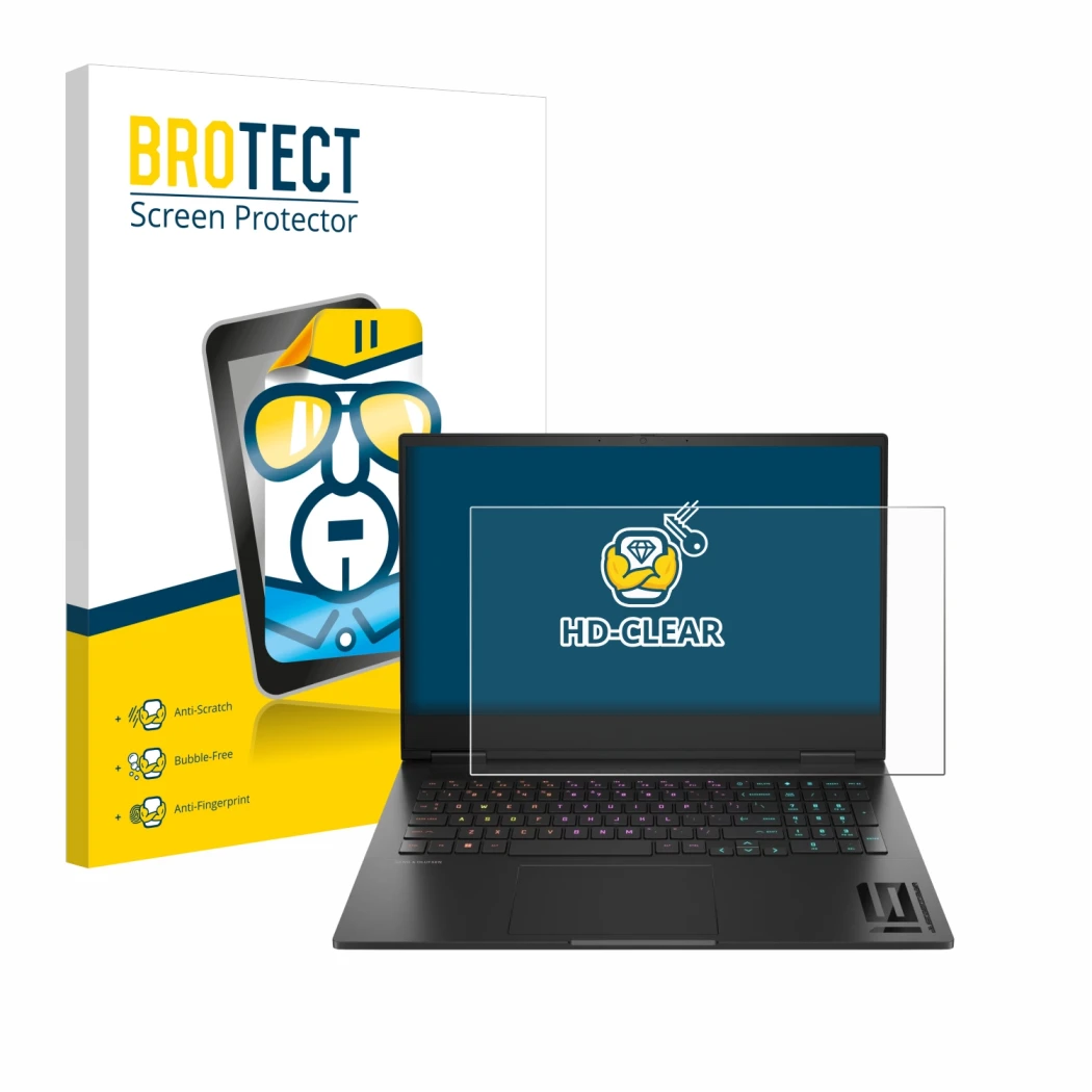 Vorderseite einer Produktverpackung mit dem Markenlogo BROTECT. Daneben ist das Gerät HP Omen 16 2024 mit dem zugehörigen Disp