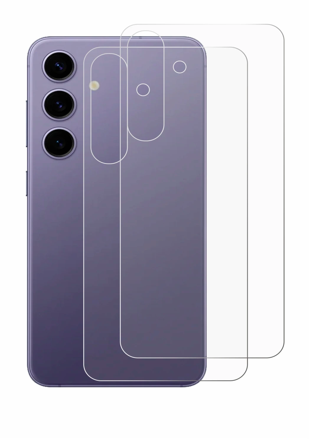 Abbildung des Geräts Samsung Galaxy S24 (Rückseite) mit einer Vielzahl des Displayschutzes.