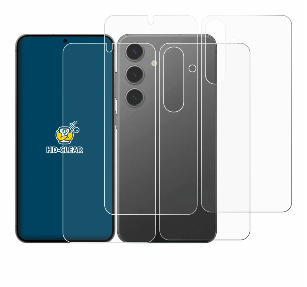Abbildung des Geräts Samsung Galaxy S24 (Display+Rückseite) mit einer Vielzahl des Displayschutzes.