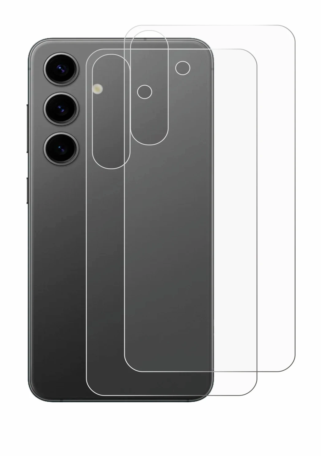 Abbildung des Geräts Samsung Galaxy S24 Plus (Rückseite) mit einer Vielzahl des Displayschutzes.