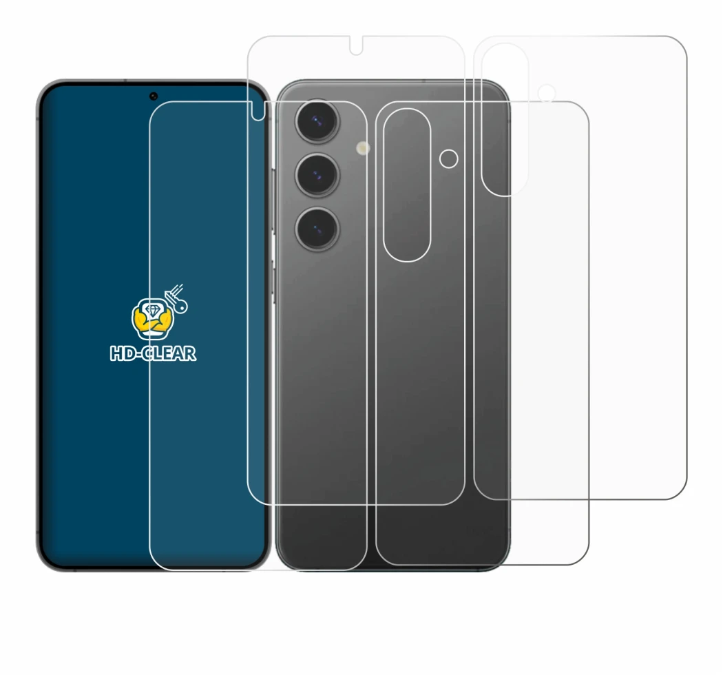 Abbildung des Geräts Samsung Galaxy S24 Plus (Display+Rückseite) mit einer Vielzahl des Displayschutzes.