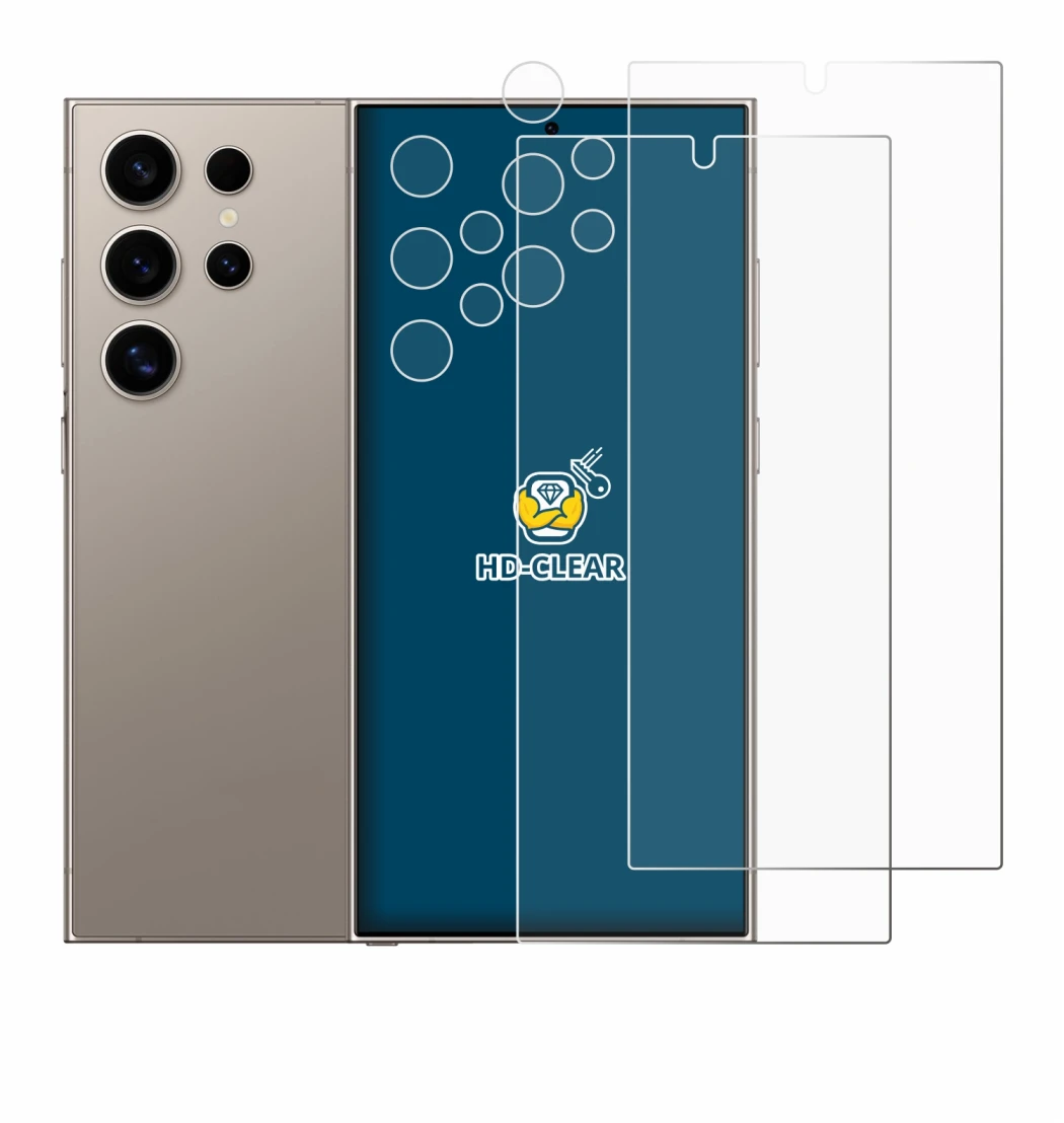 Abbildung des Geräts Samsung Galaxy S24 Ultra (case-friendly) (Display+Kamera) mit einer Vielzahl des Displayschutzes.