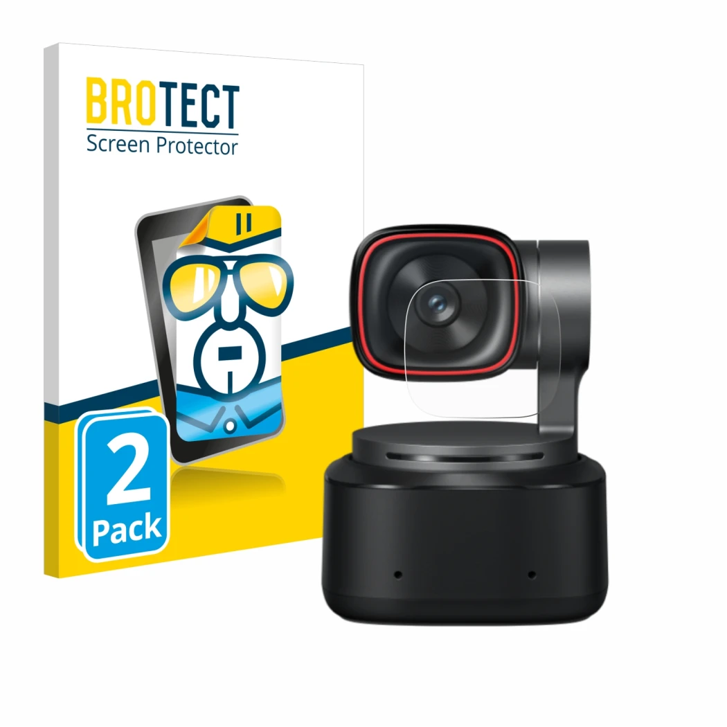 Vorderseite einer Produktverpackung mit dem Markenlogo BROTECT. Daneben ist das Gerät OBSBOT Tiny 2 mit dem zugehörigen Displa