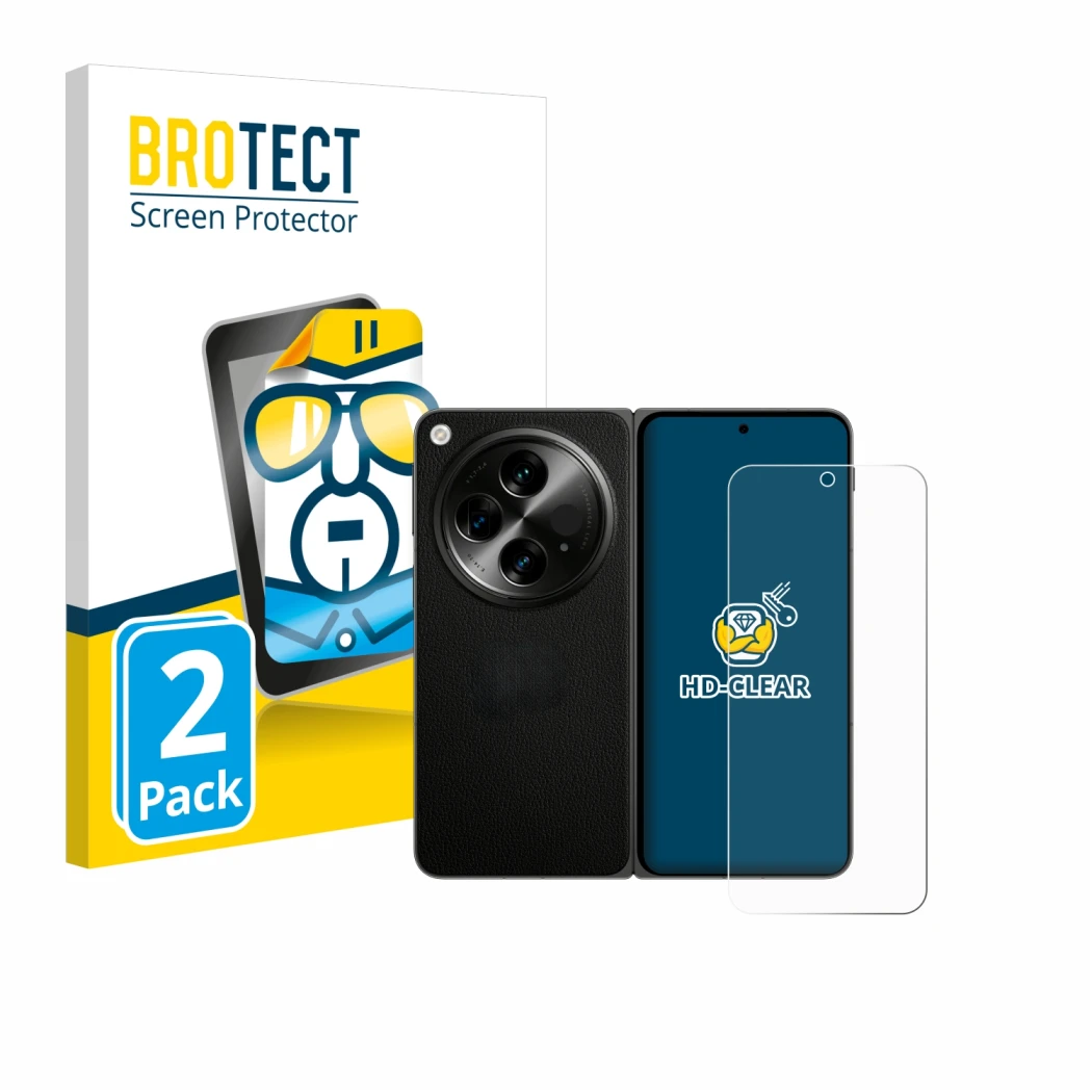 Vorderseite einer Produktverpackung mit dem Markenlogo BROTECT. Daneben ist das Gerät OnePlus Open (case-friendly) mit dem zug