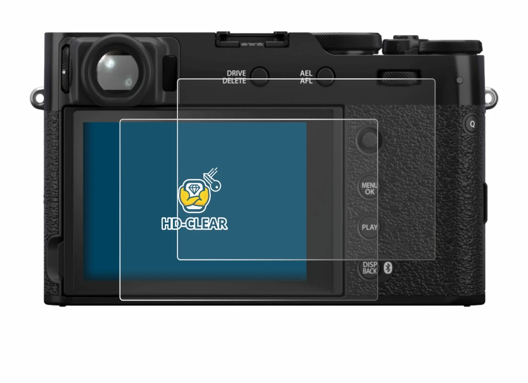 Abbildung des Geräts Fujifilm X100VI mit einer Vielzahl des Displayschutzes.