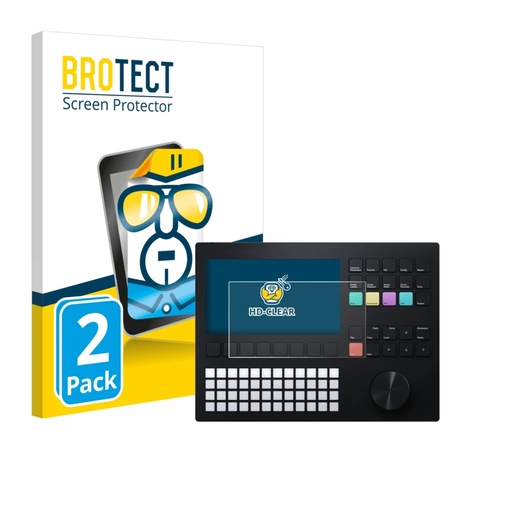 Vorderseite einer Produktverpackung mit dem Markenlogo BROTECT. Daneben ist das Gerät Polyend Tracker mit dem zugehörigen Disp
