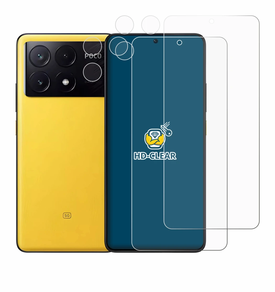 Abbildung des Geräts Xiaomi Poco X6 Pro (Display+Kamera) mit einer Vielzahl des Displayschutzes.