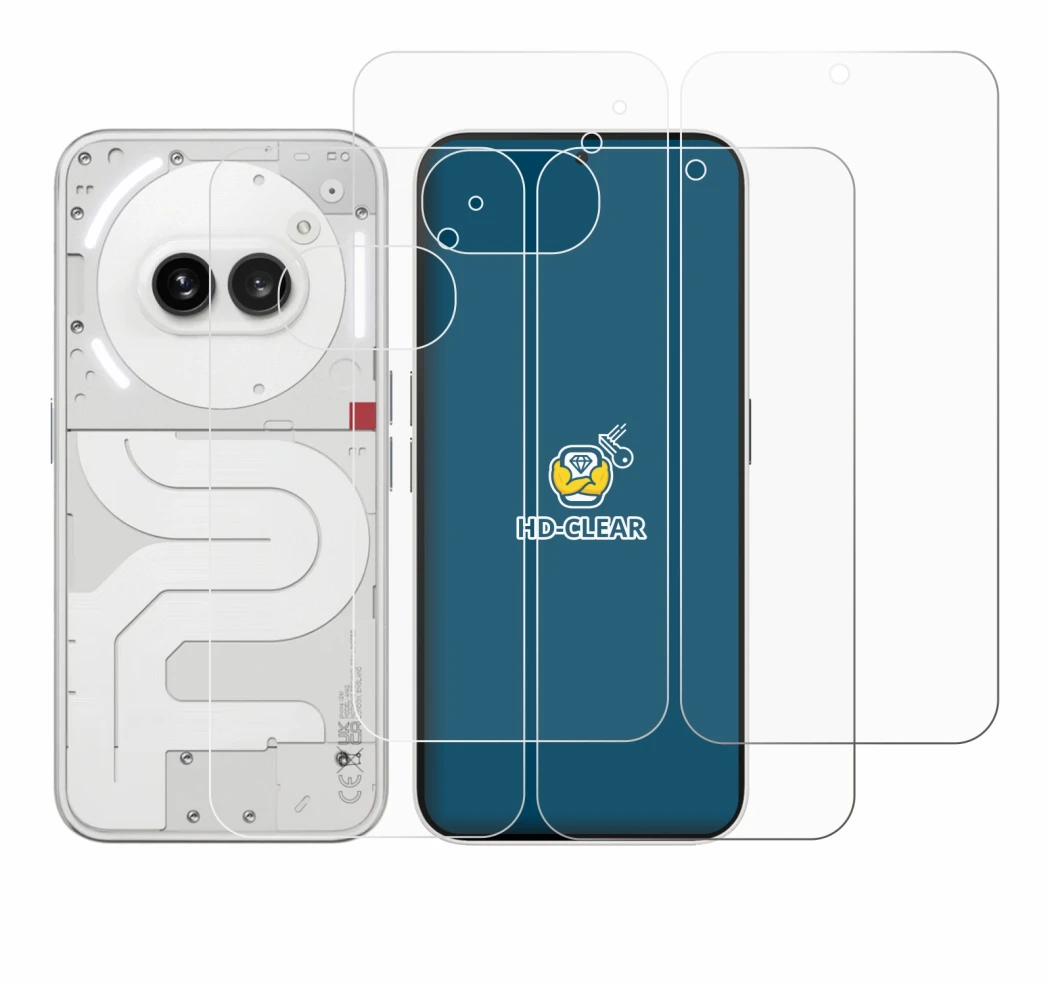 Abbildung des Geräts Nothing Phone (2a) (Display+Rückseite) mit einer Vielzahl des Displayschutzes.