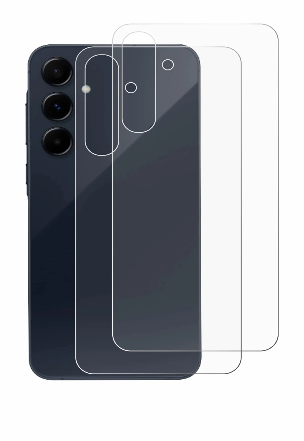 Abbildung des Geräts Samsung Galaxy A55 5G (Rückseite) mit einer Vielzahl des Displayschutzes.