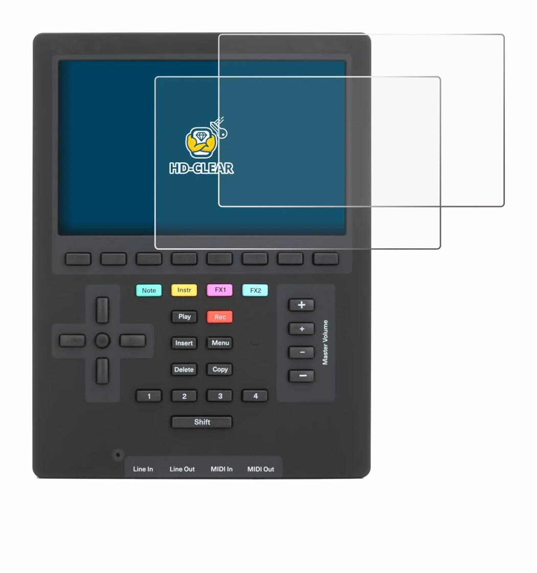 Abbildung des Geräts Polyend Tracker Mini mit einer Vielzahl des Displayschutzes.