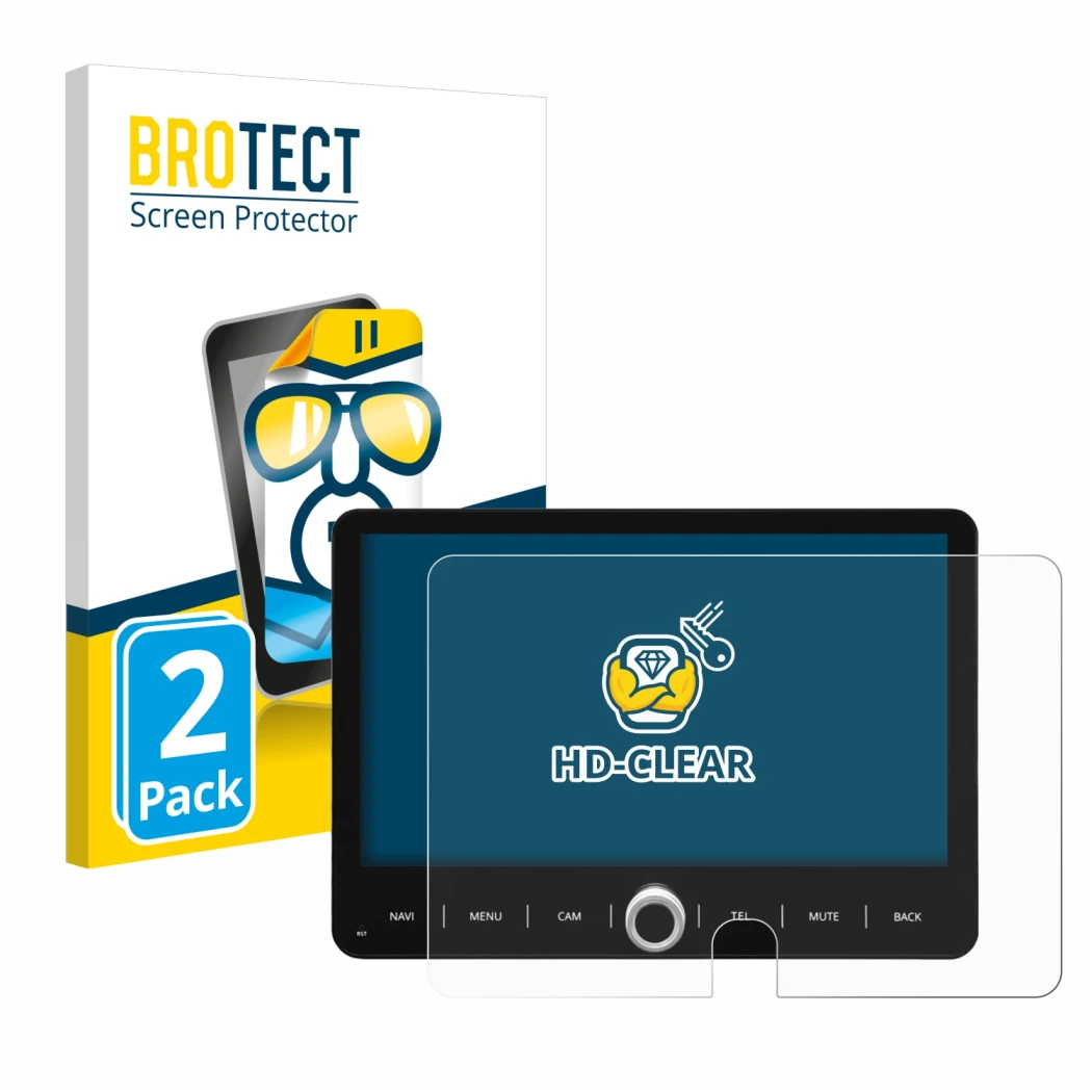 Vorderseite einer Produktverpackung mit dem Markenlogo BROTECT. Daneben ist das Gerät Dynavin D9-T5TP mit dem zugehörigen Disp