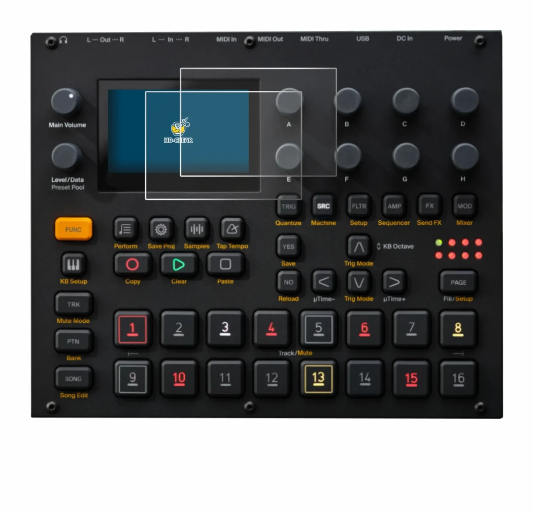 Abbildung des Geräts Elektron Digitakt II mit einer Vielzahl des Displayschutzes.