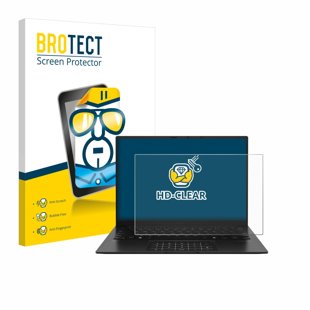 Vorderseite einer Produktverpackung mit dem Markenlogo BROTECT. Daneben ist das Gerät ASUS ZenBook 14 OLED UM3406 mit dem zuge