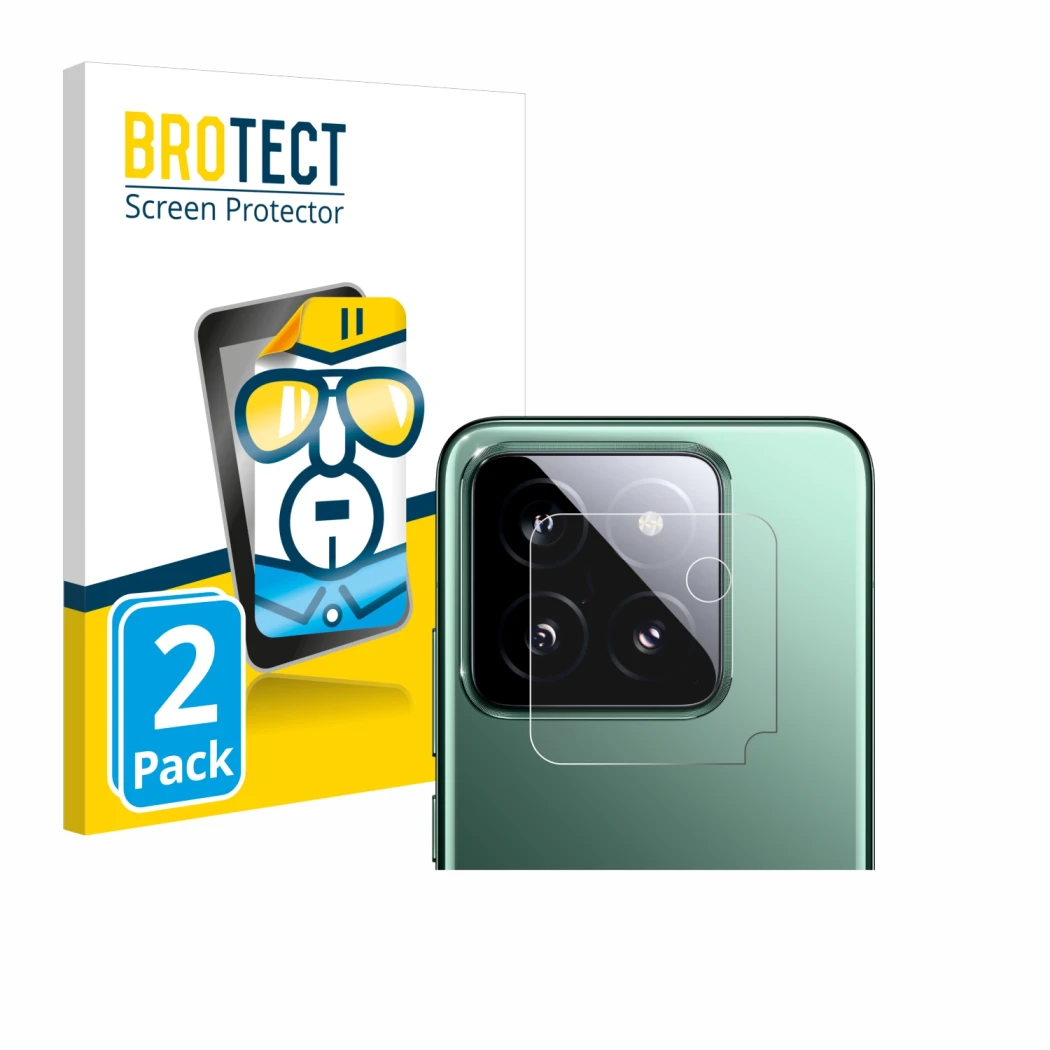 Vorderseite einer Produktverpackung mit dem Markenlogo BROTECT. Daneben ist das Gerät Xiaomi 14 (NUR Kameraschutz) mit dem zug
