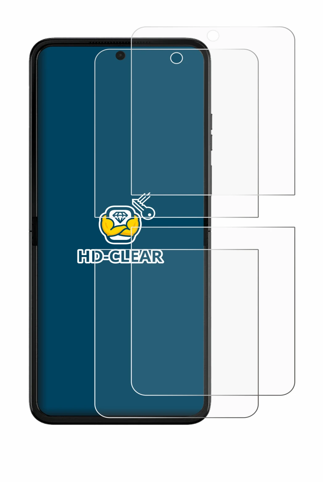 Abbildung des Geräts Motorola Razr 50 Ultra mit einer Vielzahl des Displayschutzes.