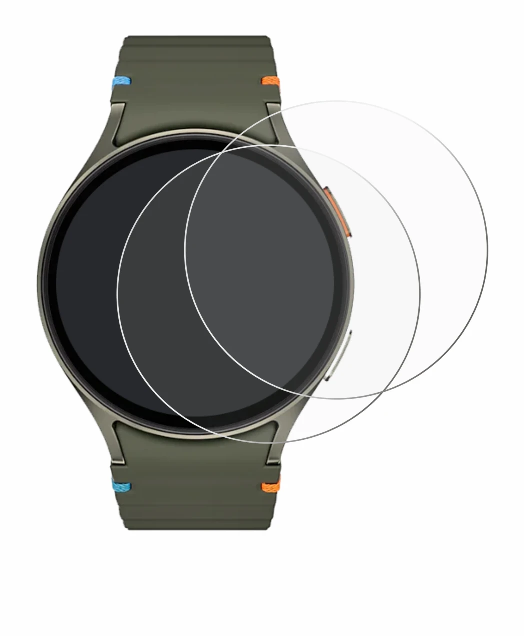 Abbildung des Geräts Samsung Galaxy Watch 7 (44 mm) mit einer Vielzahl des Displayschutzes.