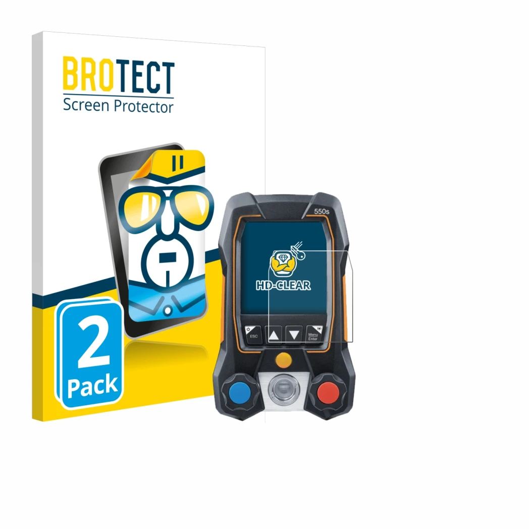 Vorderseite einer Produktverpackung mit dem Markenlogo BROTECT. Daneben ist das Gerät Testo 550s mit dem zugehörigen Displaysc
