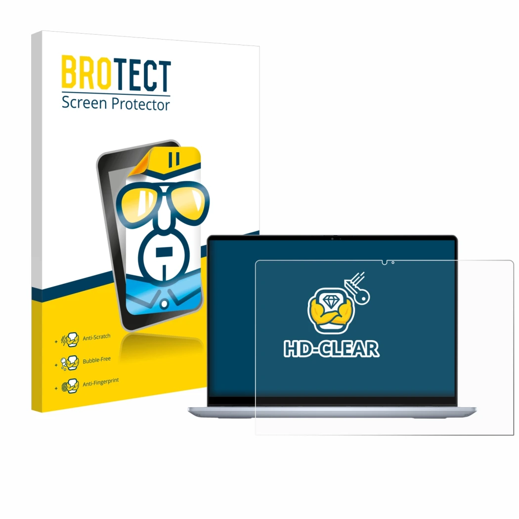 Vorderseite einer Produktverpackung mit dem Markenlogo BROTECT. Daneben ist das Gerät Dell Inspiron 14 7440 2-in-1 mit dem zug