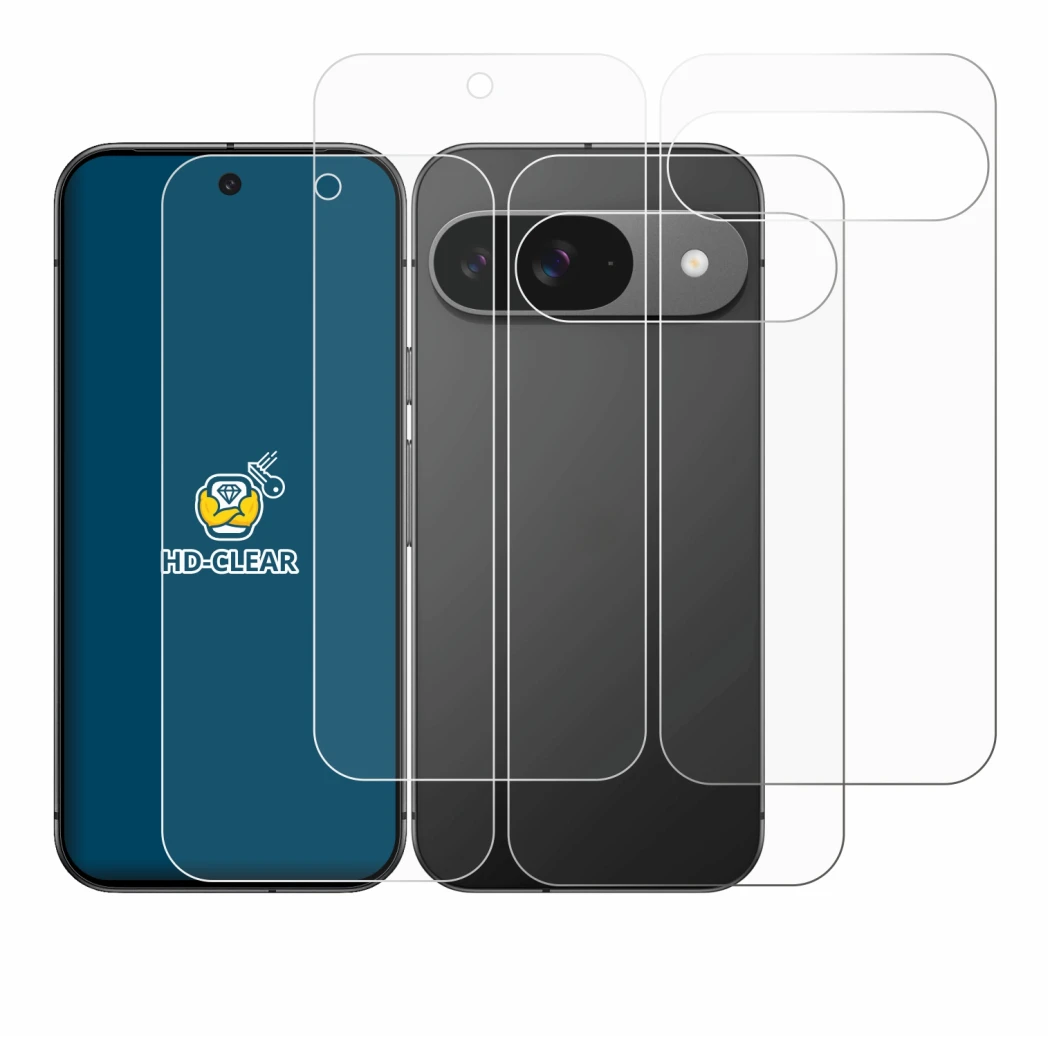 Abbildung des Geräts Google Pixel 9 (Display+Rückseite) mit einer Vielzahl des Displayschutzes.