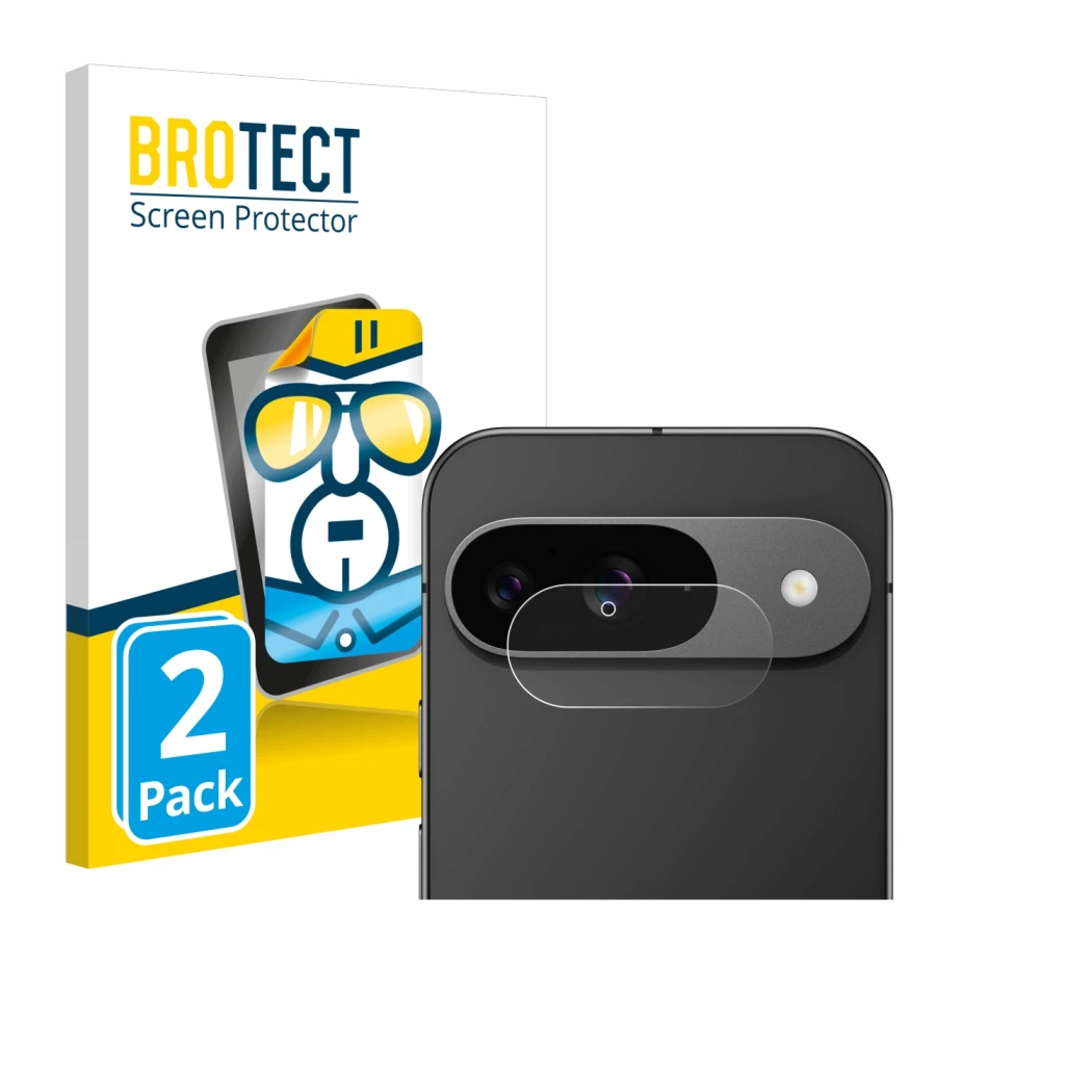 Vorderseite einer Produktverpackung mit dem Markenlogo BROTECT. Daneben ist das Gerät Google Pixel 9 (NUR Kameraschutz) mit de