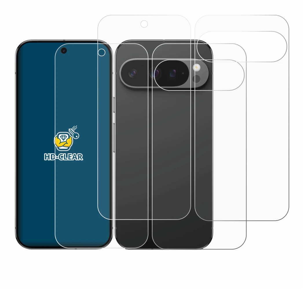 Abbildung des Geräts Google Pixel 9 Pro (Display+Rückseite) mit einer Vielzahl des Displayschutzes.