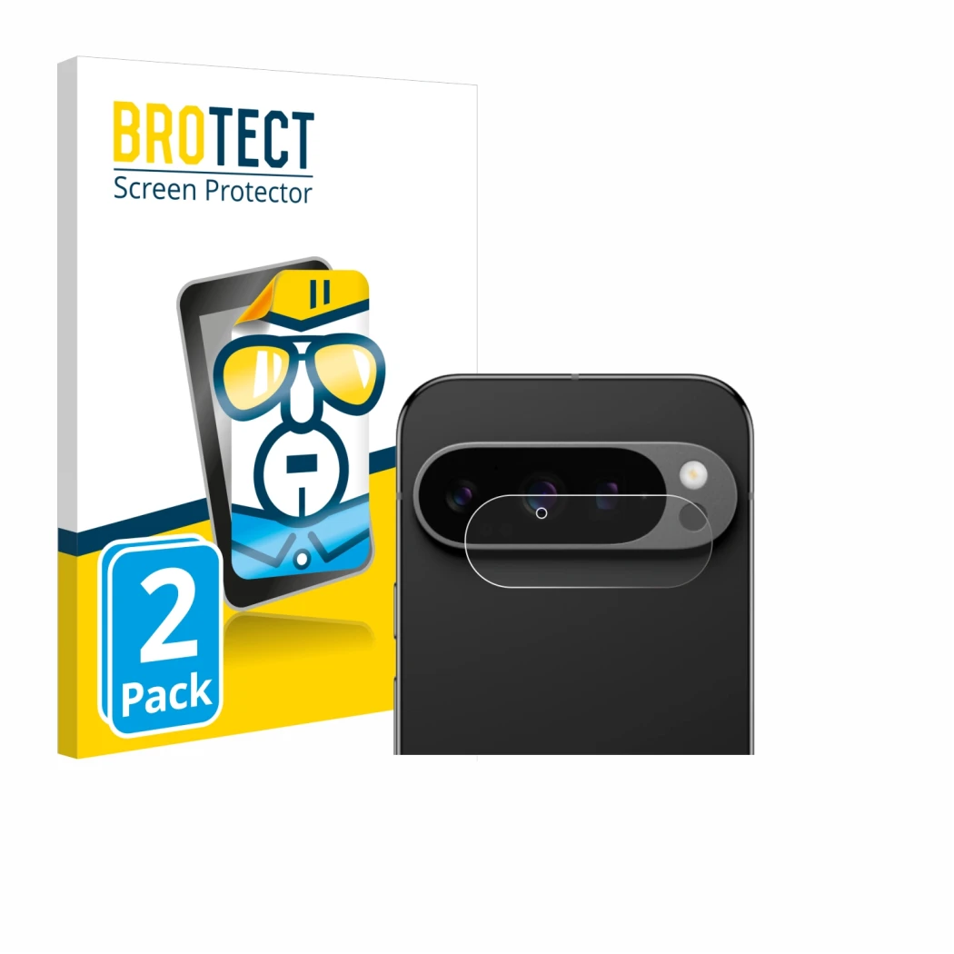 Vorderseite einer Produktverpackung mit dem Markenlogo BROTECT. Daneben ist das Gerät Google Pixel 9 Pro (NUR Kameraschutz) mi